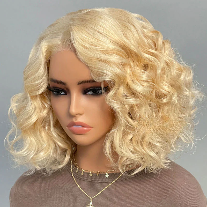 Blonde Curly Wavy 9x6 Flexi-Fit Invisi Drawstring Cap #613 Blonde Bob 100%Human Hair