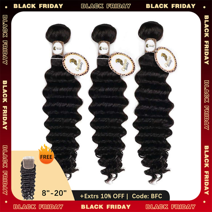 BF Special | 10A Deep Wave Bundles Deal 100% Virgin Human Hair, Free 5x5 Lace Closure