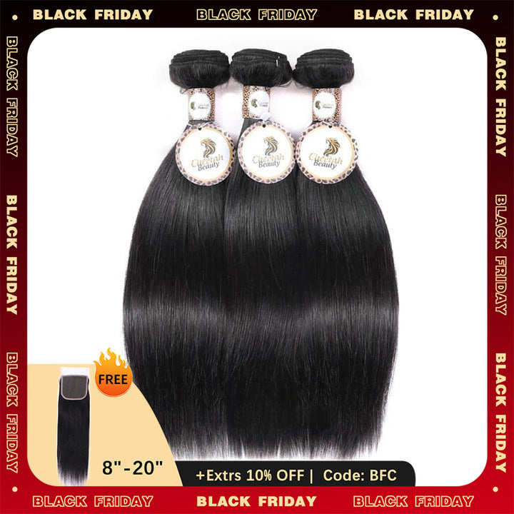 BF Special | 10A Straight Bundles Deal 100% Human Hair, Free 5x5 Lace Closure