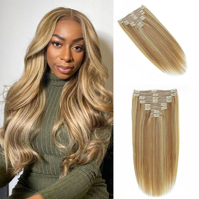 Colored Straight Clip In Hair Extensions Human Hair Clip Ins 8pcs With 18 Clips