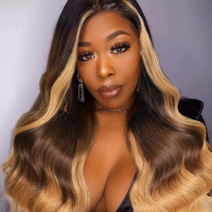 Ombre Blonde Lace Frontal Wig Human Hair Pre Plucked T1B/4/27 Body Wave Glueless Lace Front Wigs