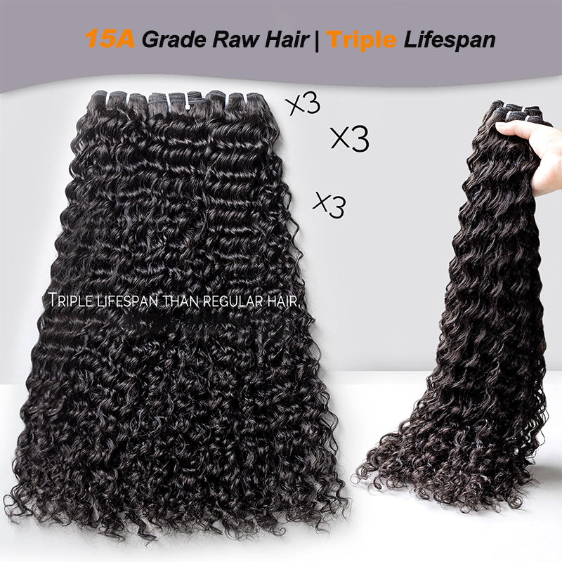 Clearance | 15A Curly Wave Double Drawn Raw Hair Bundles, Free 5x5 Lace Closure