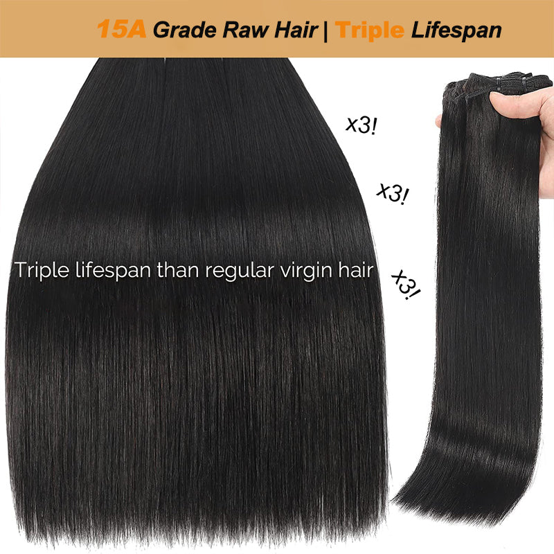 Clearance | 15A Double Drawn Raw Human Hair Bundles, Free 5x5 Closure