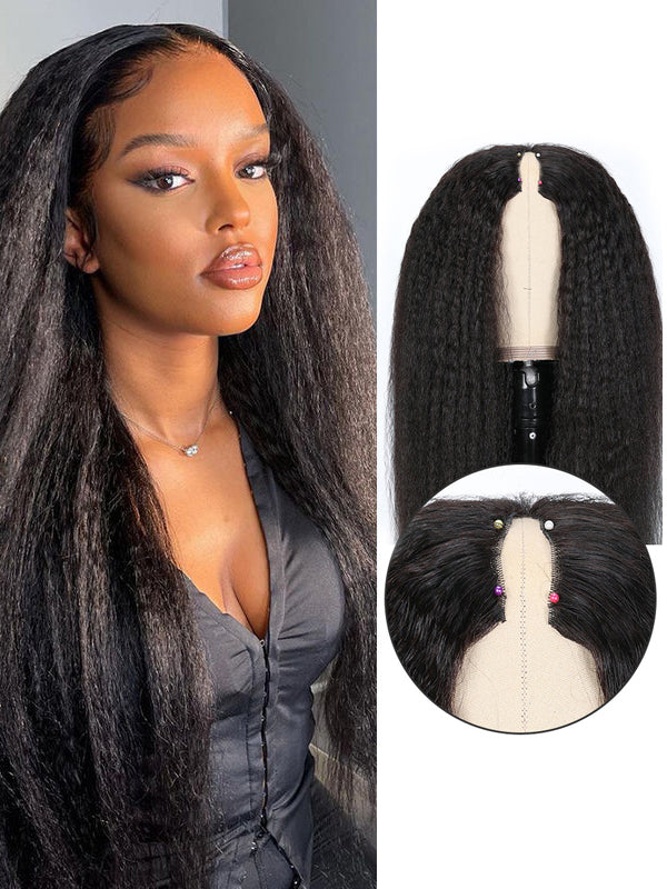 Kinky Straight V Part Wig No Leave Out Upgraded Yaki Straight V Part Wig 100% V Part Human Hair