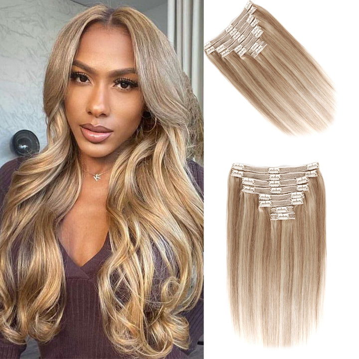 Colored Straight Clip In Hair Extensions Human Hair Clip Ins 8pcs With 18 Clips