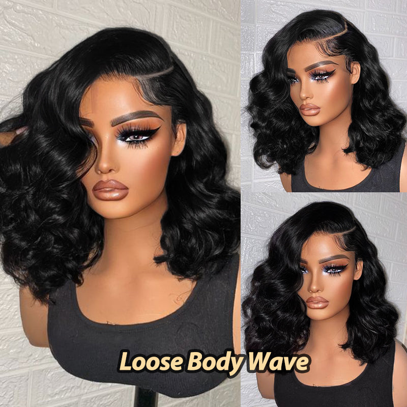 #1 Jet Black Bob Wig Loose Body Wave Short Lace Wigs 100% Human Hair