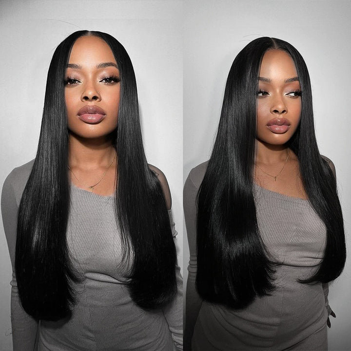 #1 Jet Black Colored Wig Straight Human Hair Transparent Lace Frontal Wig