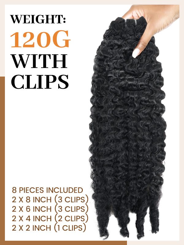 Extensions de cheveux bruts à clips | Extensions de cheveux bruts bouclés birmans sans couture, trame PU, 8 pièces avec 18 clips 