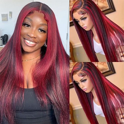 1B/99J Highlight Color Wig Straight Human Hair Transparent Lace Front Wig