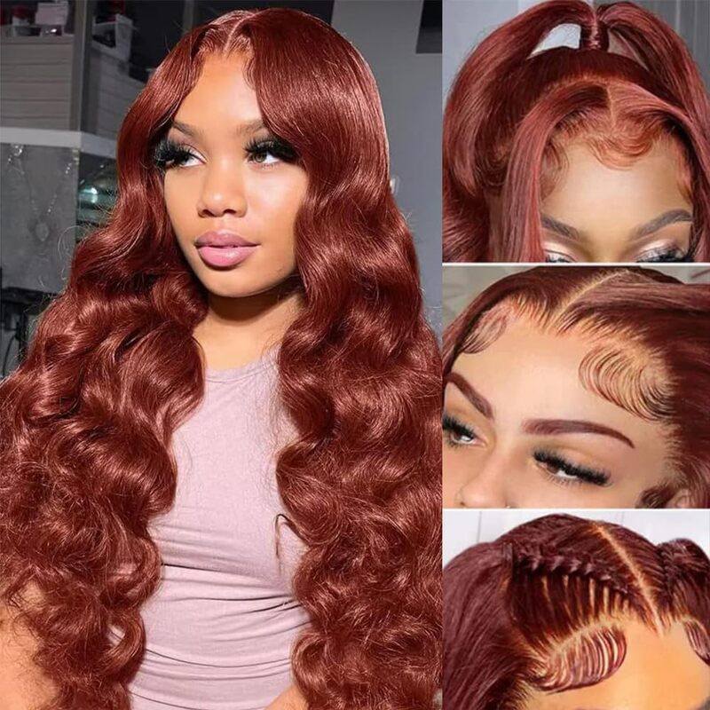 250% Density Reddish Brown Body Wave 13x6 Full Lace Fontal Wig Pre-Colored Human Hair Wigs