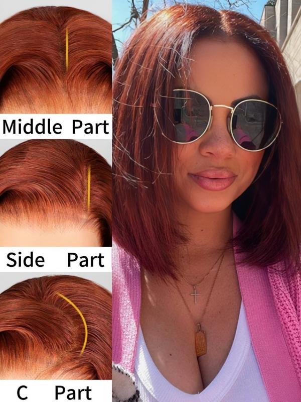 #33 Reddish Brown Colored Glueless Bob Wig Auburn Copper Transparent Lace Human Hair Wig