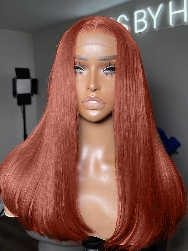 #33 Reddish Brown Colored Glueless Bob Wig Auburn Copper Transparent Lace Human Hair Wig