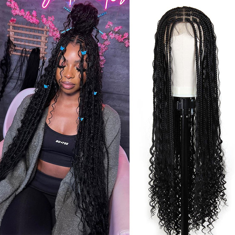 TUME 38 Inches Knotless Boho Braids Wig Synthetic Box Braids Full Lace Braids Wigs