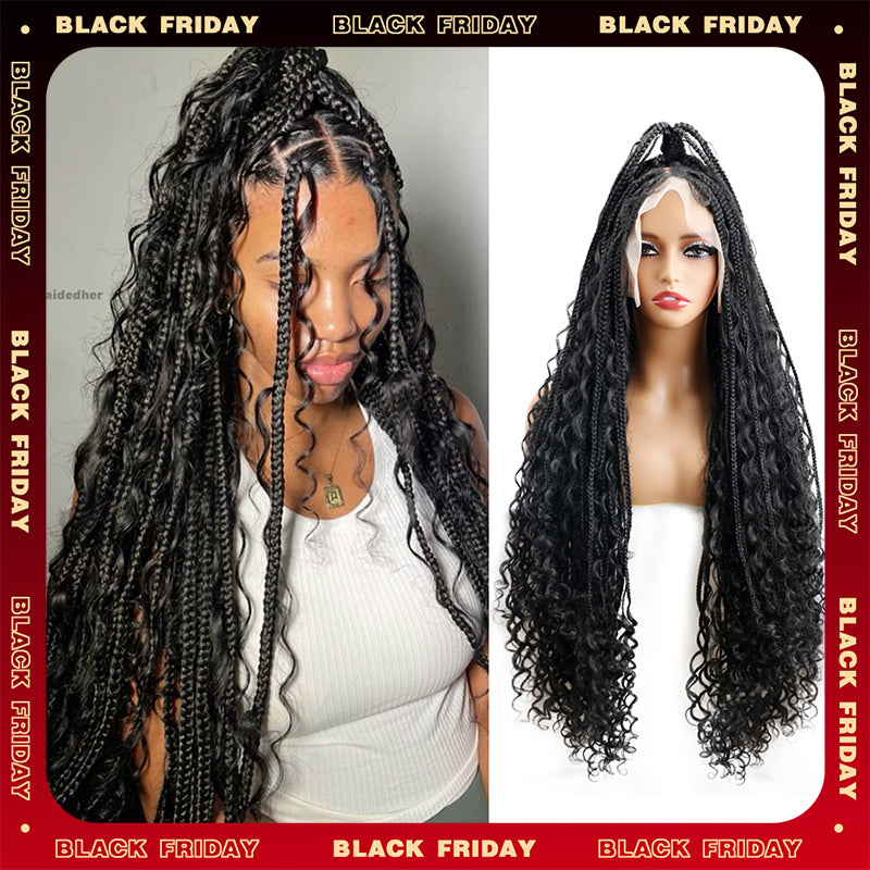 BF Sale | Full Lace Braids Wigs Synthetic Box Braids 38 Inches Knotless Boho Braids Wig