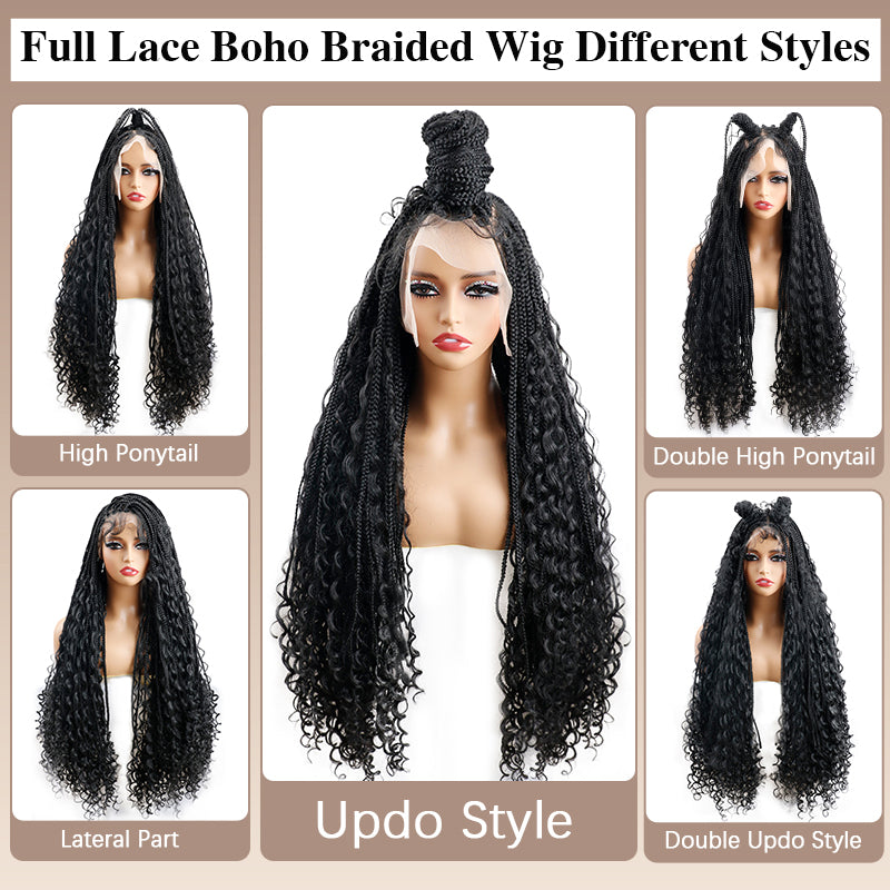 TUME 38 Inches Knotless Boho Braids Wig Synthetic Box Braids Full Lace Braids Wigs