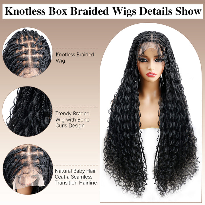 TUME 38 Inches Knotless Boho Braids Wig Synthetic Box Braids Full Lace Braids Wigs