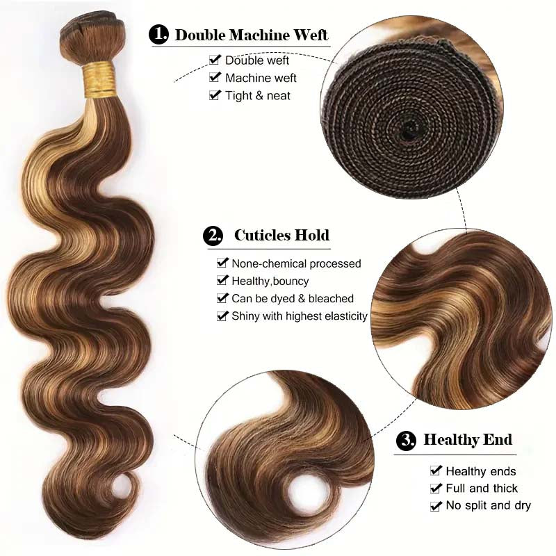 P4/27 Highlight Body Wave Bundles 100% Virgin Human Hair Weave