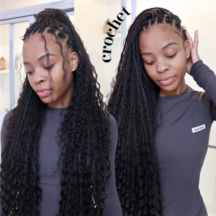 Pre-looped Crochet Human Hair Boho Box Braids Human Hair Curls Ends, Reusable Hair