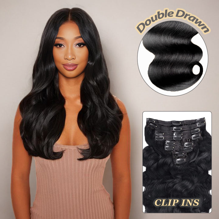 Double Drawn Body Wave Clip In Hair Extensions Human Hair Clip Ins 120g 8pcs With 18 Clips