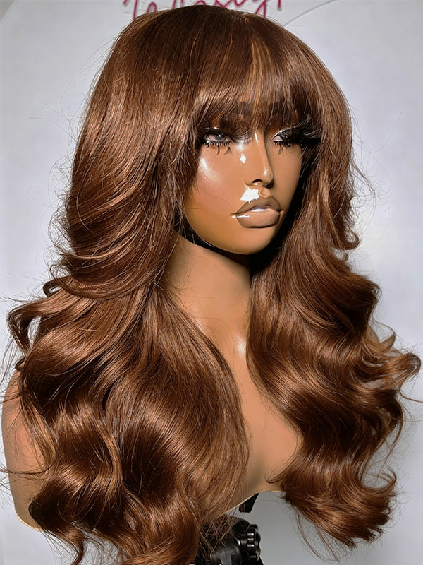 True Scalp 2x4 Realistic Body Wave Wig #4 Brown Minimalist Undetectable Lace Wig with Bangs