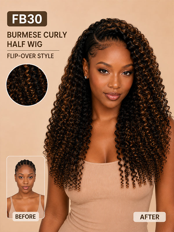 3 in 1 Half Wig Ombre T1B/30 Burmese Curly Wig Glueless Flexi Fit Drawstring Wig