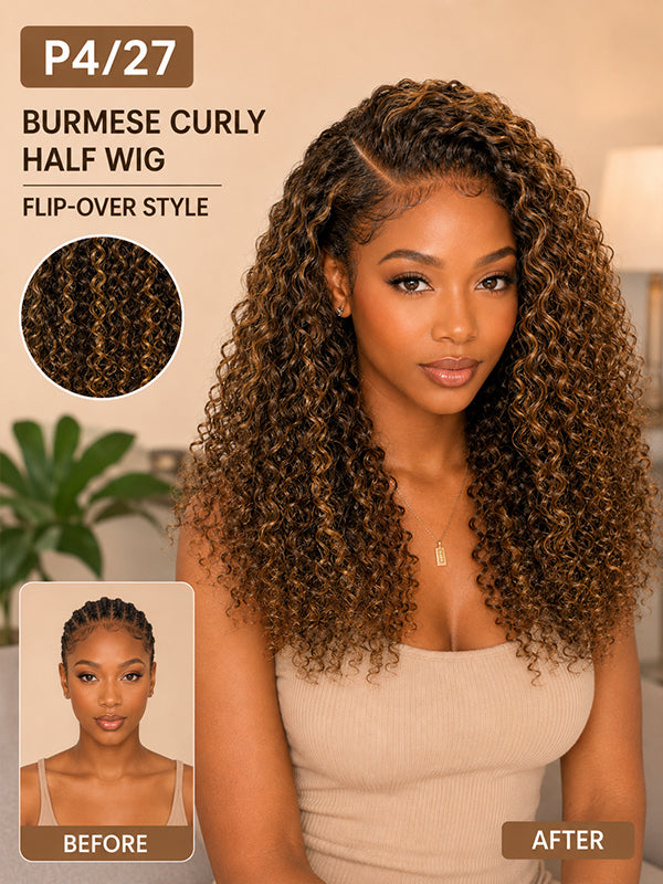 3 in 1 Half Wig Ombre T1B/30 Burmese Curly Wig Glueless Flexi Fit Drawstring Wig