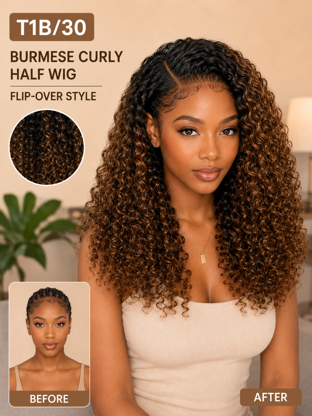 3 in 1 Half Wig Ombre T1B/30 Burmese Curly Wig Glueless Flexi Fit Drawstring Wig