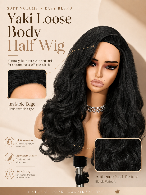 3 in 1 Half Wig Yaki Loose Body Wig Glueless Flexi Fit Drawstring Wig