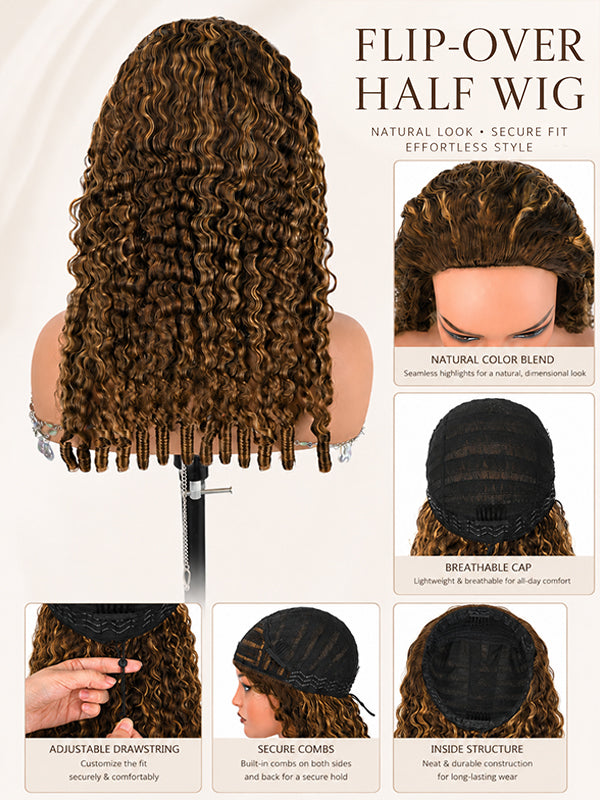 3 in 1 Half Wig Ombre T1B/30 Burmese Curly Wig Glueless Flexi Fit Drawstring Wig