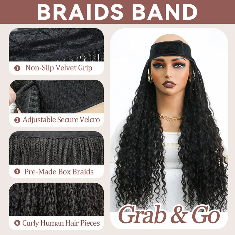 Grab & Go Braids Band Wig Bohemian with Human Hair Curly Ends Braided Half Band Wigs