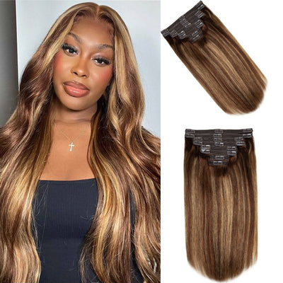Colored Straight Clip In Hair Extensions Human Hair Clip Ins 8pcs With 18 Clips