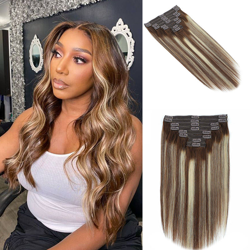 Colored Straight Clip In Hair Extensions Human Hair Clip Ins 8pcs With 18 Clips