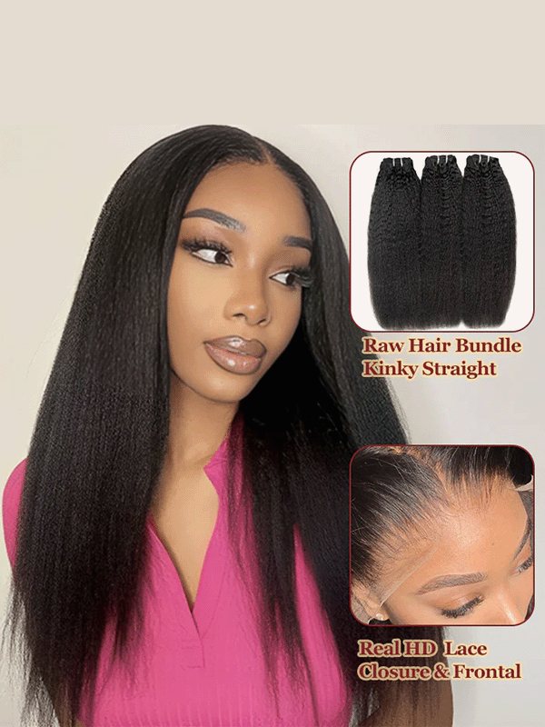 Raw Hair | Kinky Straight Bundles Deal 100% Raw Virgin Human Hair With HD Closure & Frontal