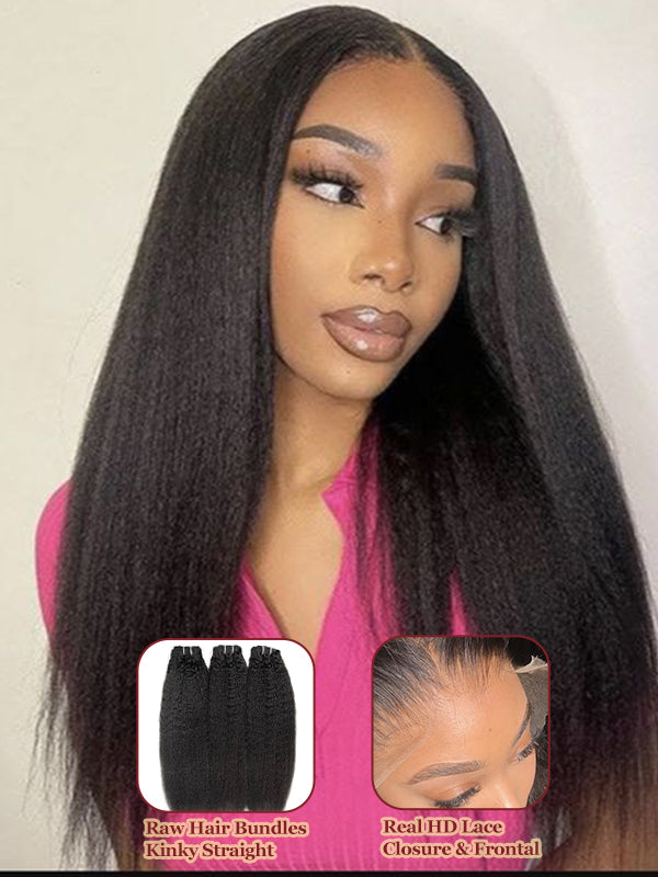Raw Hair | Kinky Straight Bundles Deal 100% Raw Virgin Human Hair With HD Closure & Frontal