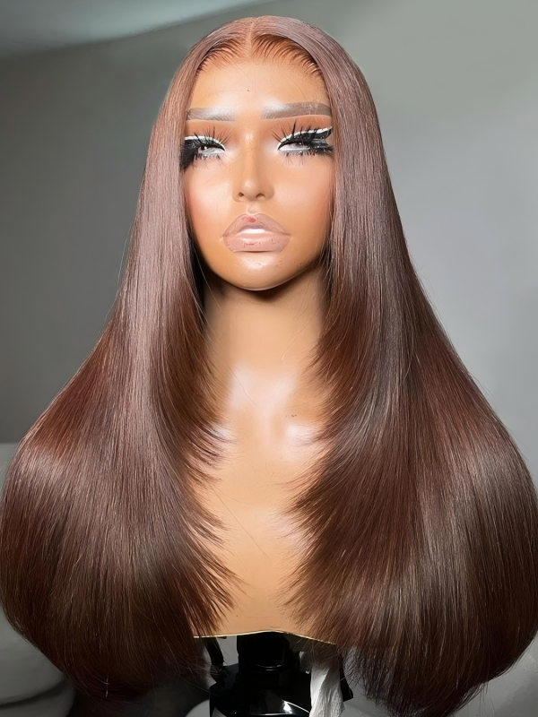 #4 Chocolate Brown Layered Cut 13x6 Straight 200% Density Human Hair Wigs
