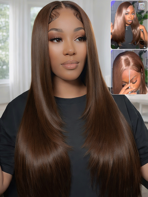 #4 Chocolate Brown Layered Cut 13x6 Straight 200% Density Human Hair Wigs