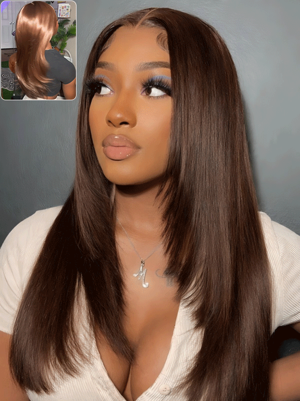 #4 Chocolate Brown Layered Cut 13x6 Straight 200% Density Human Hair Wigs