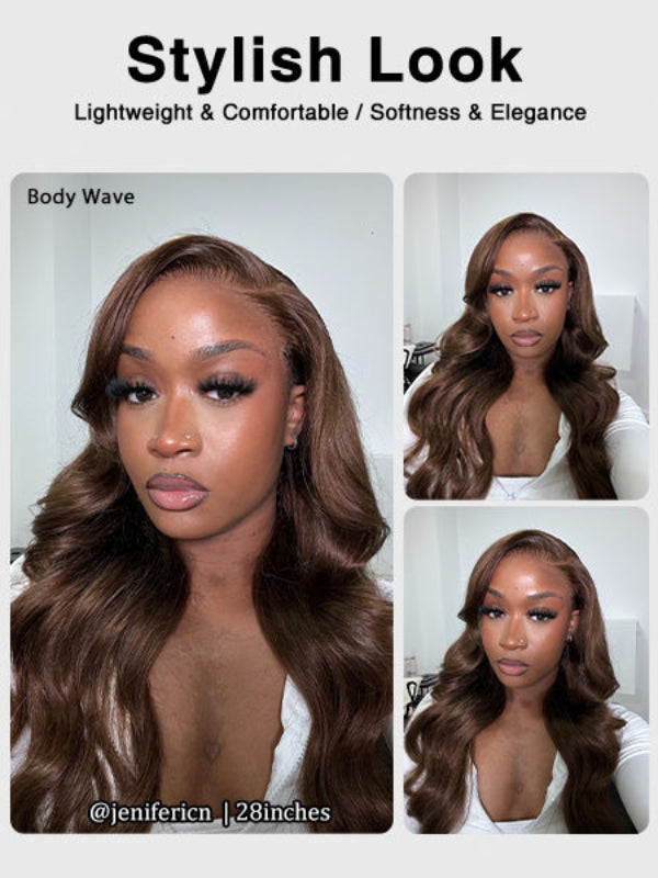 Vente flash | Perruque cheveux humains bouclés et ondulés brun chocolat n° 4, 6x6/13x6, dentelle frontale complète