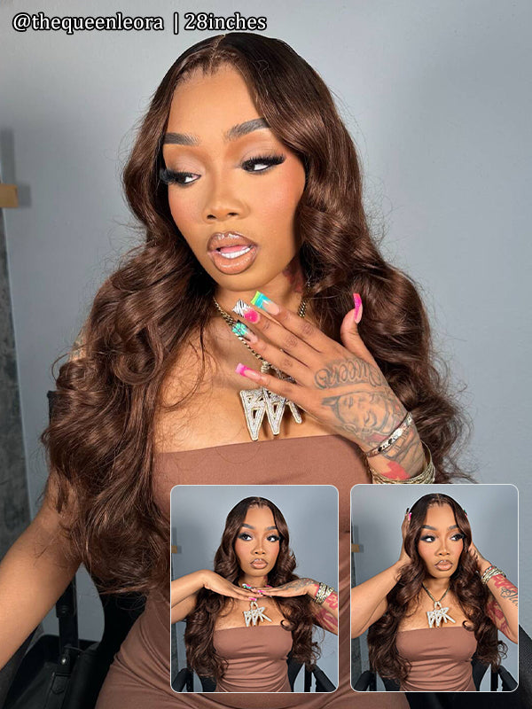Flash Sale | @thequeenleora Recommend #4 Chocolate Brown Body Wave 7x6/13x6 FULL Frontal Lace Loose Deep Wave Human Hair Wig