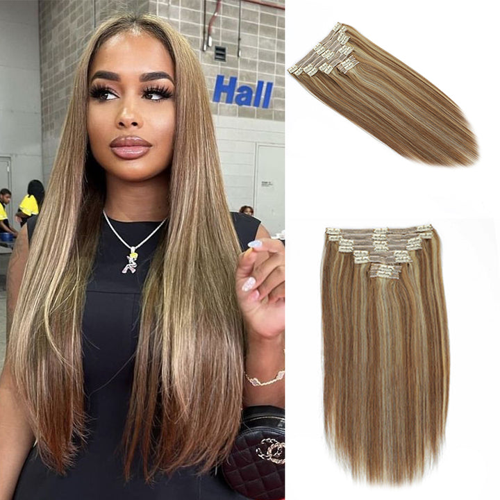 Colored Straight Clip In Hair Extensions Human Hair Clip Ins 8pcs With 18 Clips