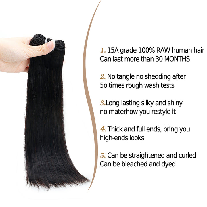 15A | Straight Double Drawn Raw Human Hair Bundles, Triple Lifespan