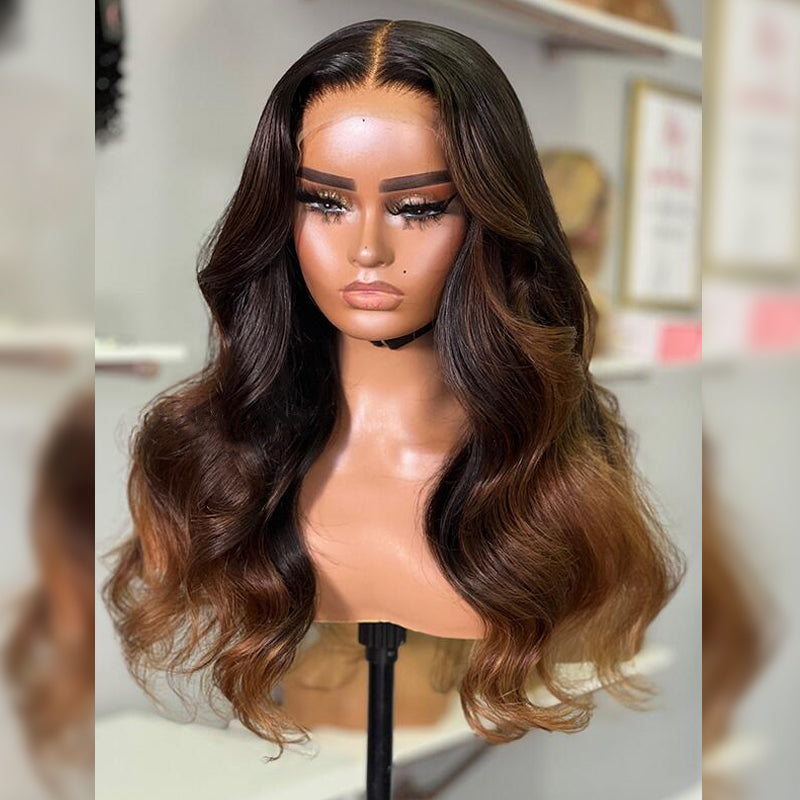 Wear & Go | Brown Loose Body Wave Pre-Bleached Glueless Wig Black Hair with Chestnut Brown Highlights Lace Wig Dome Cap Wigs