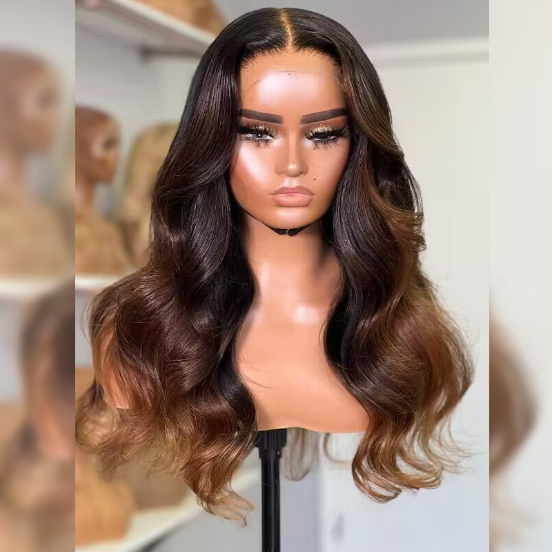 Wear & Go | Brown Loose Body Wave Pre-Bleached Glueless Wig Black Hair with Chestnut Brown Highlights Lace Wig Dome Cap Wigs