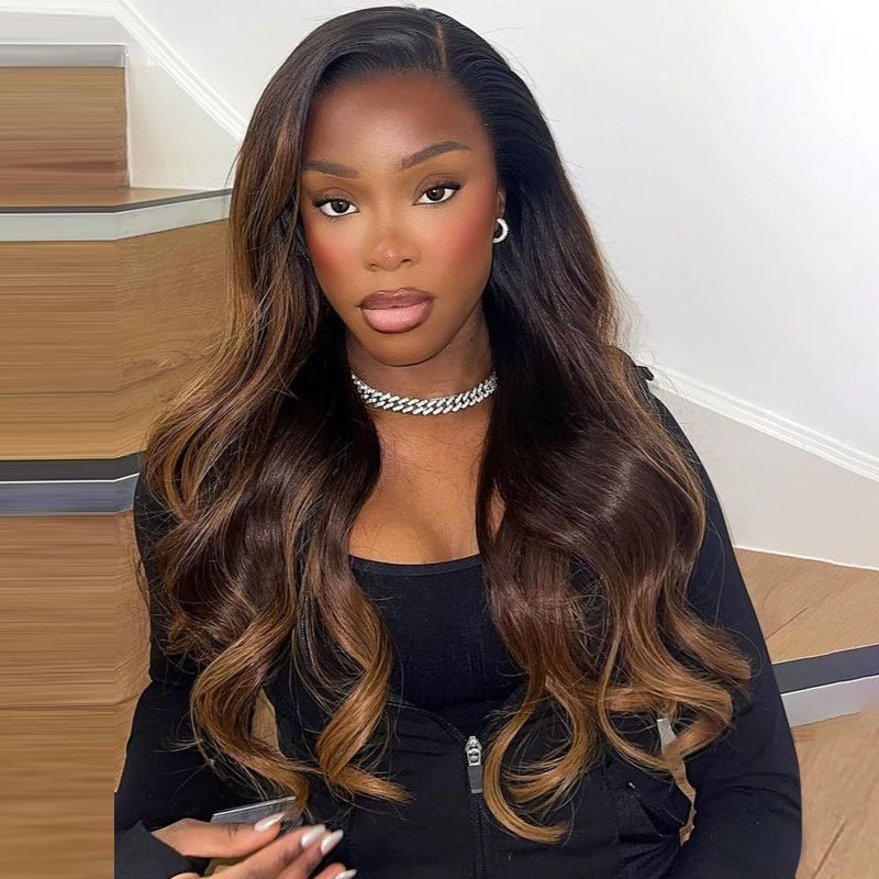 Wear & Go | Brown Loose Body Wave Pre-Bleached Glueless Wig Black Hair with Chestnut Brown Highlights Lace Wig Dome Cap Wigs