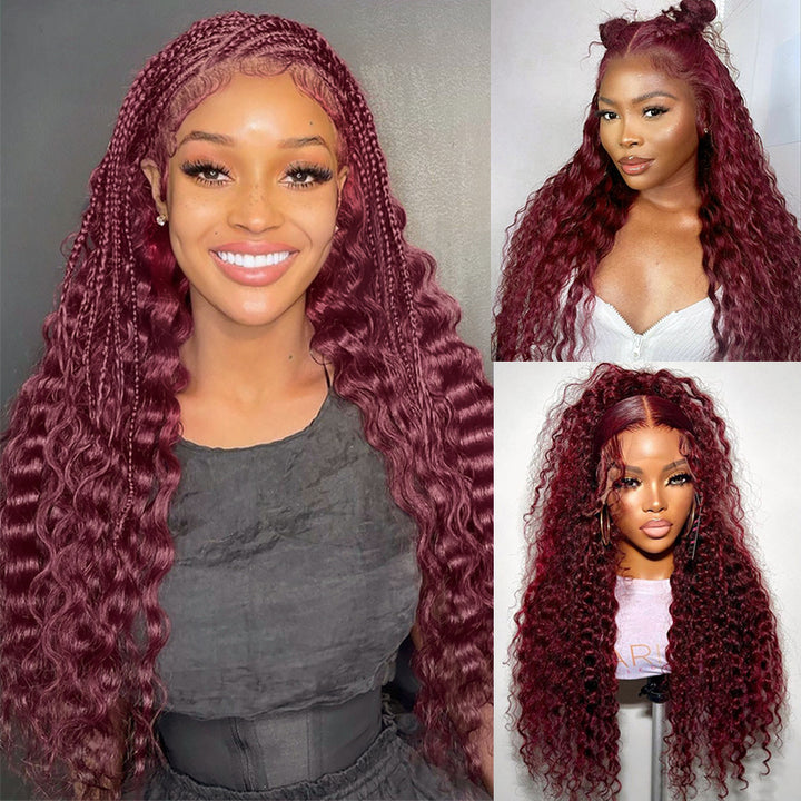 Flash Sale | @bigekane and @thequeenleora Recommend 99J Burgundy 13x6 Deep Wave Wig 16-34 Inches Transparent Lace Front Human Hair Wigs