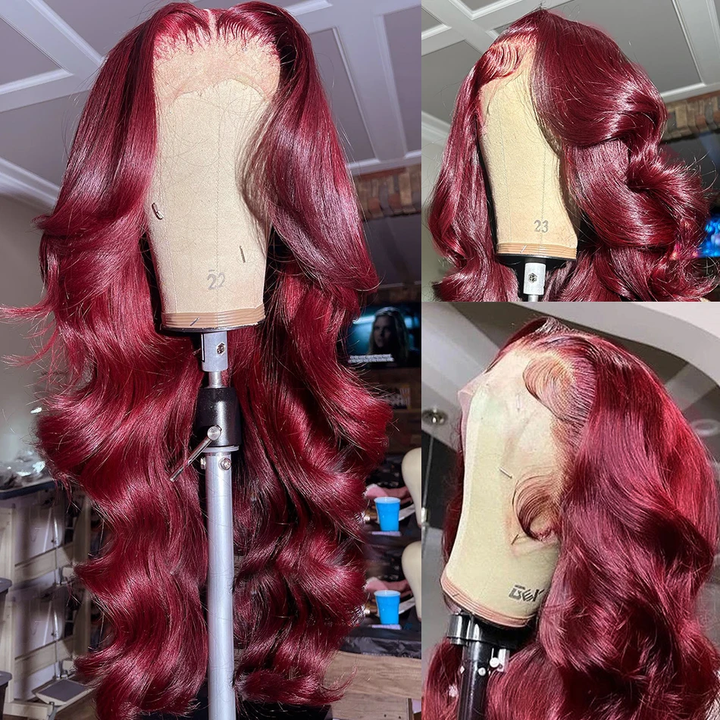 Flash Sale | bigekane Recommend 99J Burgundy 13x6 Body Wave Wig 16-34 Inches Transparent Lace Front Human Hair Wig