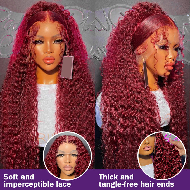 Flash Sale | @bigekane and @thequeenleora Recommend 99J Burgundy 13x6 Deep Wave Wig 16-34 Inches Transparent Lace Front Human Hair Wigs