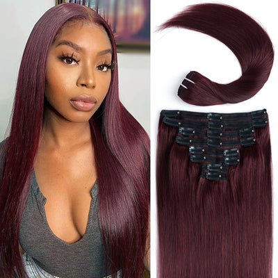 99J Burgundy Color Straight Clip In Human Hair Extensions For Black Women 8pcs With 18 Clips