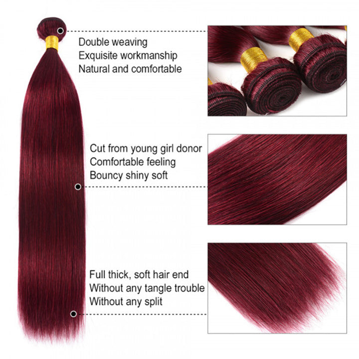 99J Burgundy Straight Bundles 100% Virgin Human Hair Extensions