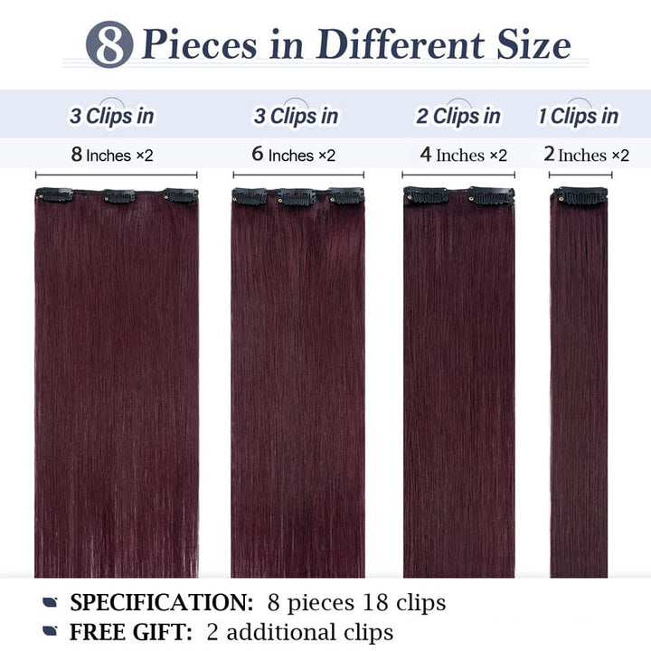 99J Burgundy Color Straight Clip In Human Hair Extensions For Black Women 8pcs With 18 Clips